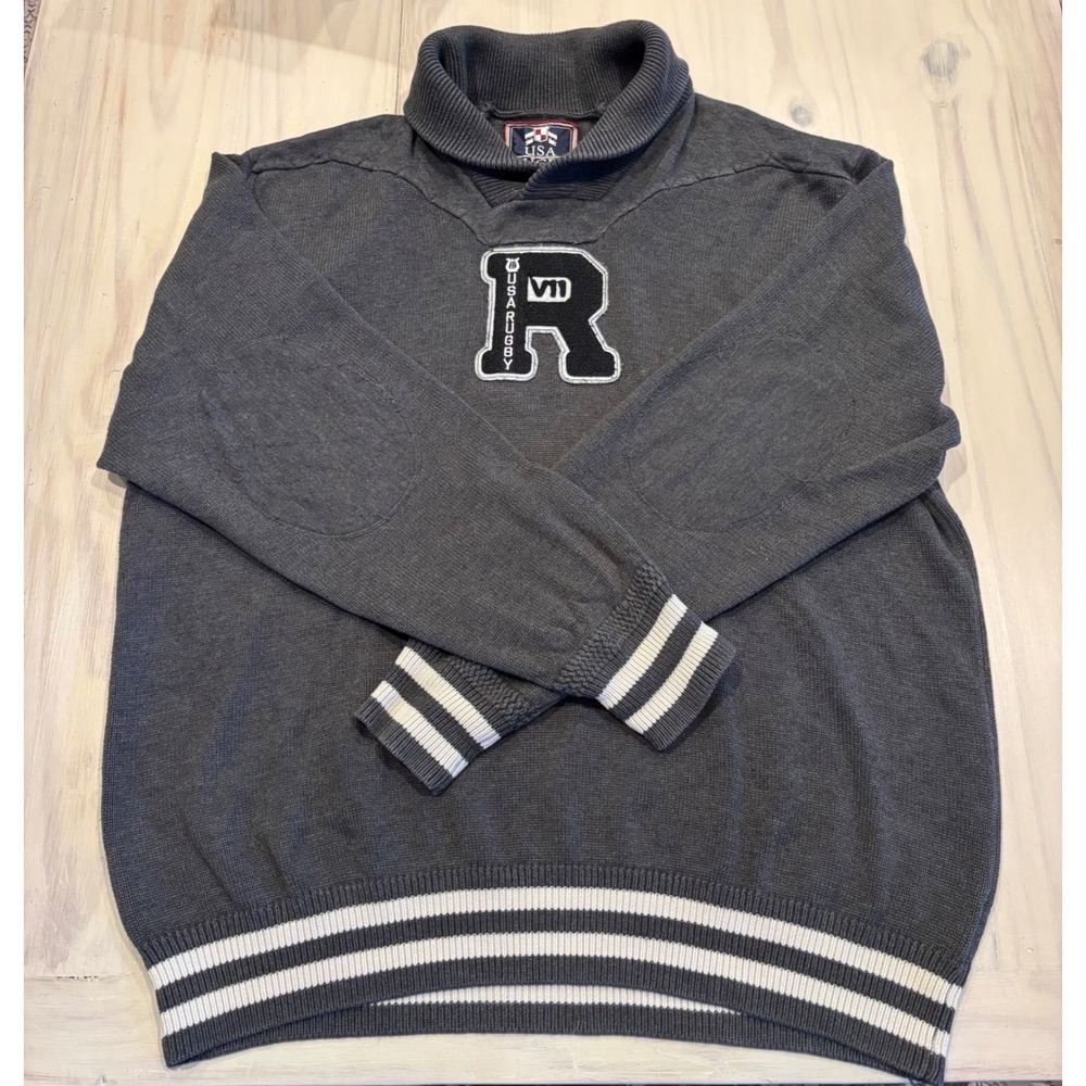 USA Rugby Mens 4XL Shawl Neck Sweater Gray‎ Chenille Patch Elbow Patch MCMVII